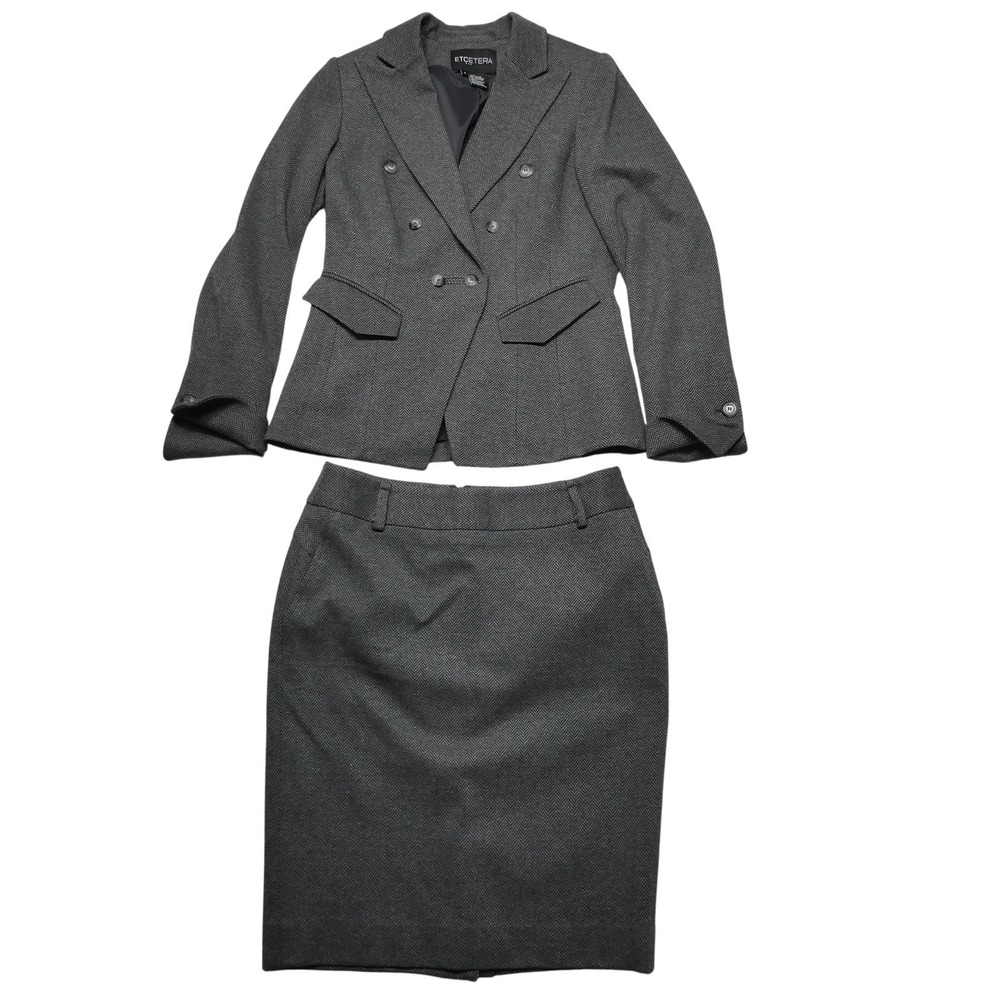 Etcetera Skirt Suit‎ Womens 4 Gray Herringbone Twill Jacket Skirt Set Stretch